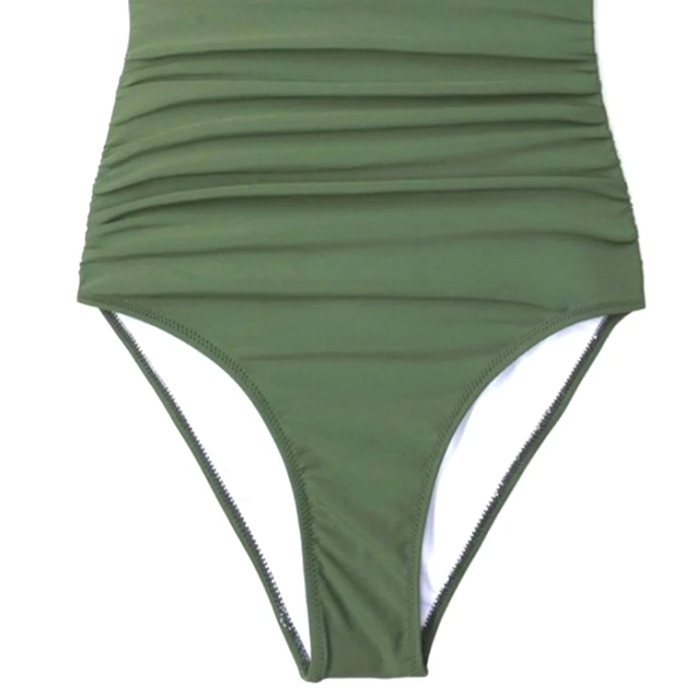 PLUNGE V-NECK MONOKINI Green Ruffle Trim Lace Up Back Ruched Swimsuit SIZE LARGE - Picture 7 of 15